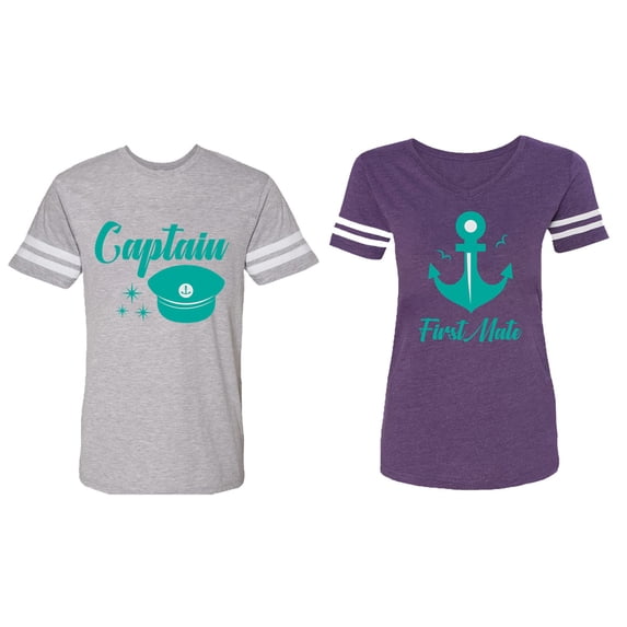 Captain First Mate Matching Couple Cotton Jerseys (Men Heather / Women Purple) (Men XXL / Women XL)