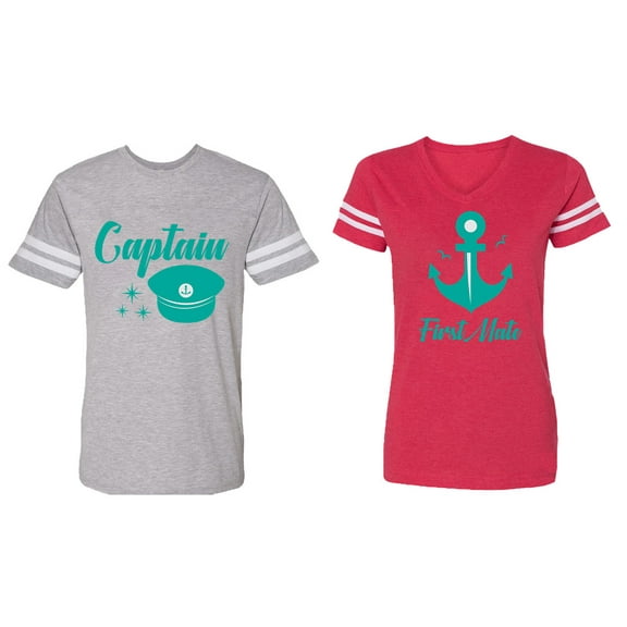 Captain First Mate Matching Couple Cotton Jerseys (Men Heather / Women Red) (Men L / Women XL)