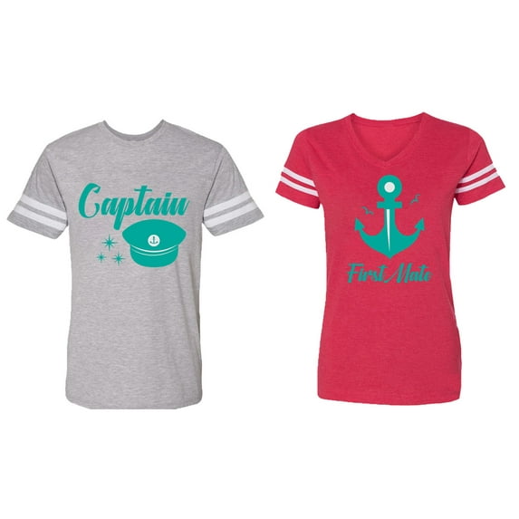 Captain First Mate Matching Couple Cotton Jerseys (Men Heather / Women Red) (Men L / Women XXL)