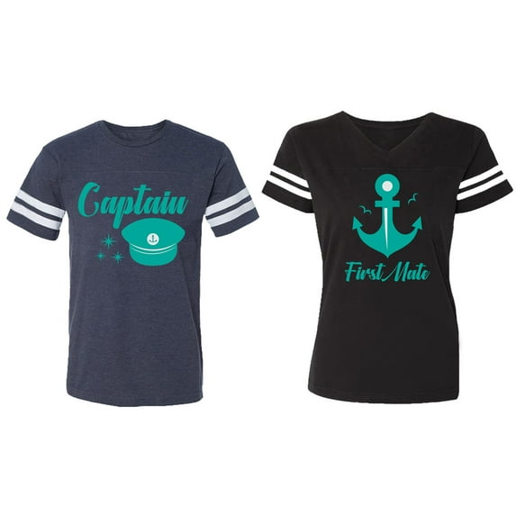 Captain First Mate Matching Couple Cotton Jerseys (Men Navy / Women Black) (Men S / Women S)