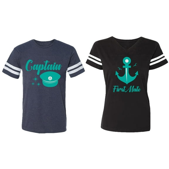 Captain First Mate Matching Couple Cotton Jerseys (Men Navy / Women Black) (Men S / Women XXL)