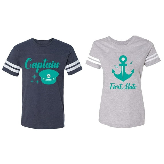 Captain First Mate Matching Couple Cotton Jerseys (Men Navy / Women Heather) (Men XXL / Women L)
