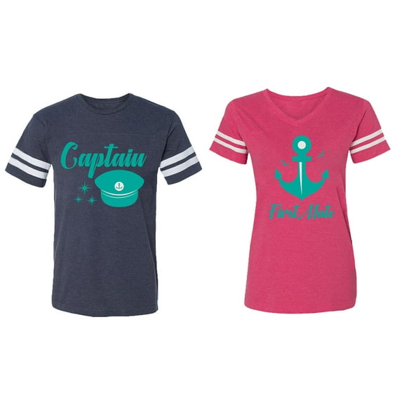 Captain First Mate Matching Couple Cotton Jerseys (Men Navy / Women Pink) (Men XXL / Women M)