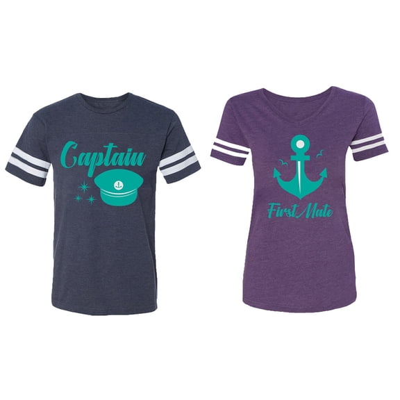 Captain First Mate Matching Couple Cotton Jerseys (Men Navy / Women Purple) (Men L / Women S)