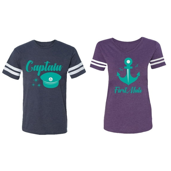 Captain First Mate Matching Couple Cotton Jerseys (Men Navy / Women Purple) (Men S / Women S)