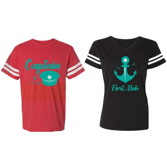 Captain First Mate Matching Couple Cotton Jerseys (Men Red / Women Black) (Men S / Women S)