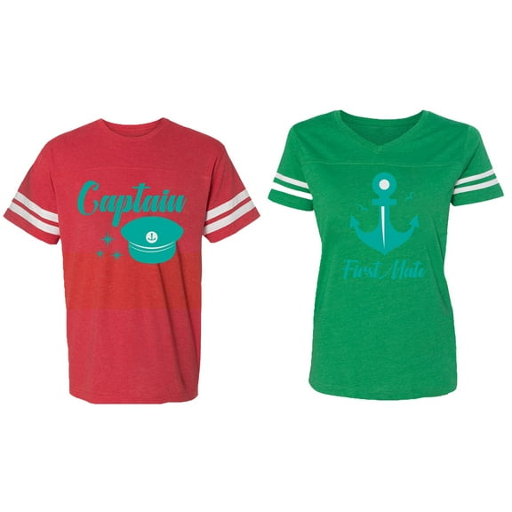 Captain First Mate Matching Couple Cotton Jerseys (Men Red / Women Green) (Men M / Women XXL)