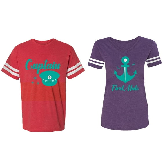 Captain First Mate Matching Couple Cotton Jerseys (Men Red / Women Purple) (Men XXL / Women M)