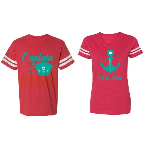 Captain First Mate Matching Couple Cotton Jerseys (Men Red / Women Red) (Men S / Women XXL)
