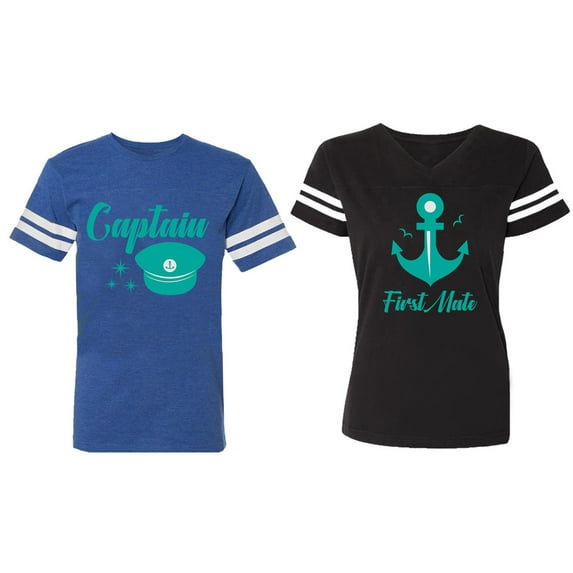 Captain First Mate Matching Couple Cotton Jerseys (Men Royal / Women Black) (Men S / Women S)