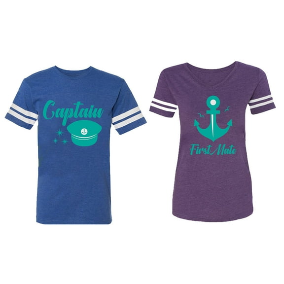 Captain First Mate Matching Couple Cotton Jerseys (Men Royal / Women Purple) (Men M / Women XXL)