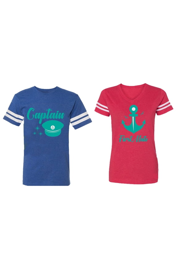 Captain First Mate Matching Couple Cotton Jerseys (Men Royal / Women Red) (Men L / Women L)