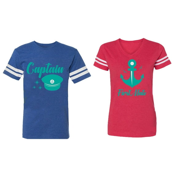 Captain First Mate Matching Couple Cotton Jerseys (Men Royal / Women Red) (Men L / Women XXL)