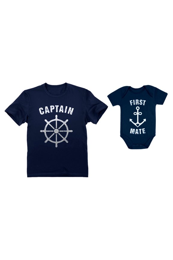 Captain & First Mate Nautical Sailing Dad Shirt & Baby Bodysuit Matching Set Captain Navy Large / Mate Navy 12M (6-12M)