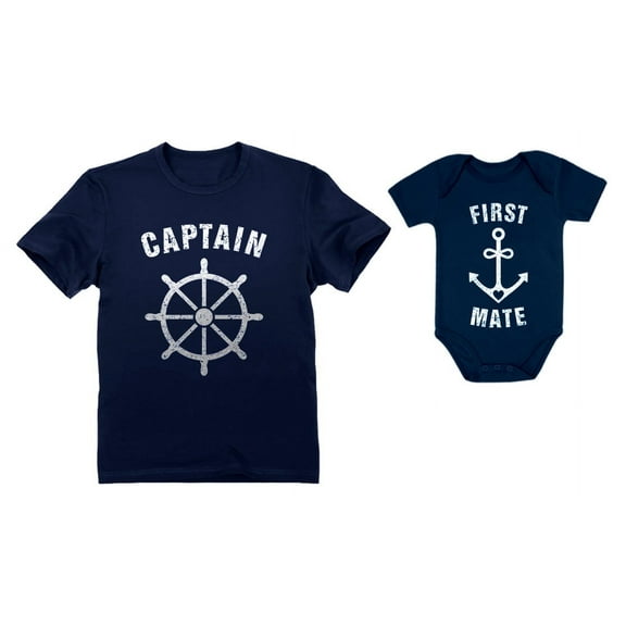 Captain & First Mate Nautical Sailing Dad Shirt & Baby Bodysuit Matching Set Captain Navy X-Large / Mate Navy Newborn (0-3M)