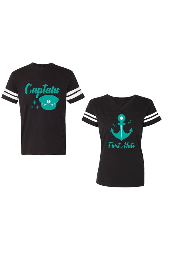 Captain First Mate Unisex Couple Matching Cotton Jersey style T-Shirt Contrasting stripes on sleeves (Men Black / Women Black) (Men M / Women M)
