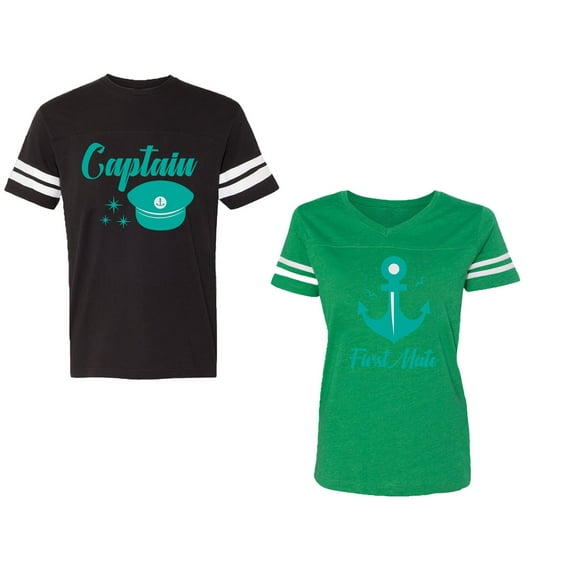 Captain First Mate Unisex Couple Matching Cotton Jersey style T-Shirt Contrasting stripes on sleeves (Men Black / Women Green) (Men XL / Women XXL)