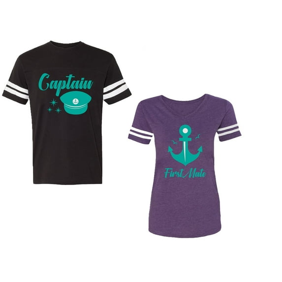 Captain First Mate Unisex Couple Matching Cotton Jersey style T-Shirt Contrasting stripes on sleeves (Men Black / Women Purple) (Men L / Women M)