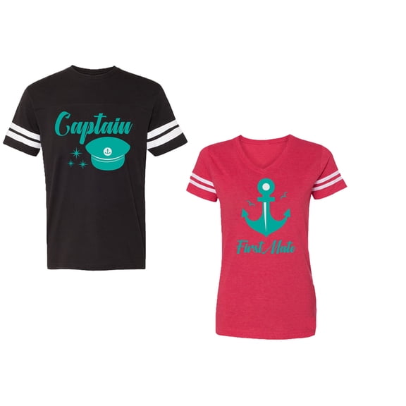 Captain First Mate Unisex Couple Matching Cotton Jersey style T-Shirt Contrasting stripes on sleeves (Men Black / Women Red) (Men XL / Women S)