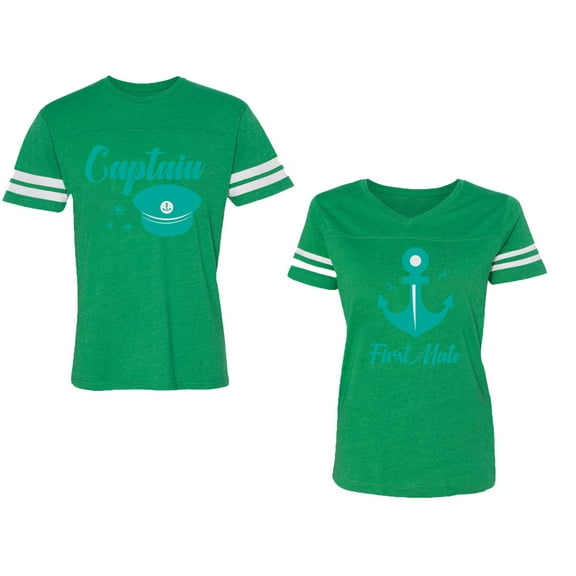 Captain First Mate Unisex Couple Matching Cotton Jersey style T-Shirt Contrasting stripes on sleeves (Men Green / Women Green) (Men XL / Women M)