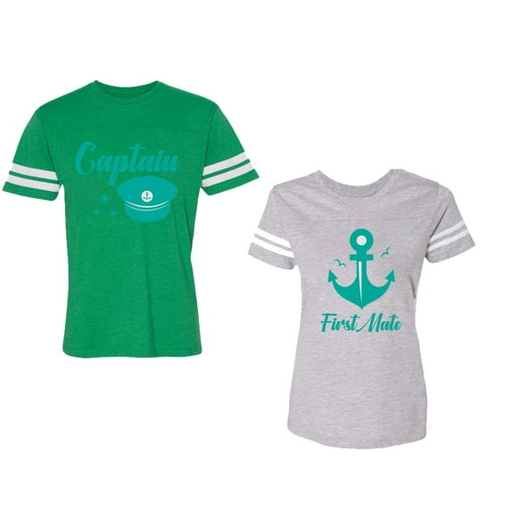 Captain First Mate Unisex Couple Matching Cotton Jersey style T-Shirt Contrasting stripes on sleeves (Men Green / Women Heather) (Men M / Women XL)