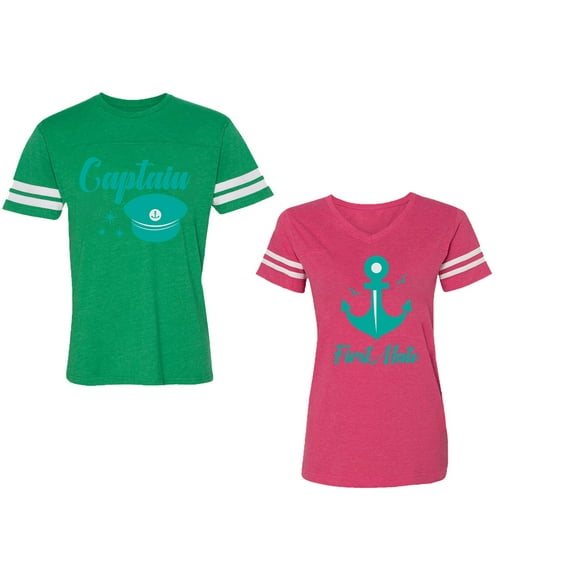 Captain First Mate Unisex Couple Matching Cotton Jersey style T-Shirt Contrasting stripes on sleeves (Men Green / Women Pink) (Men S / Women XL)