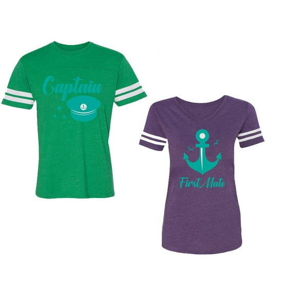 Captain First Mate Unisex Couple Matching Cotton Jersey style T-Shirt Contrasting stripes on sleeves (Men Green / Women Purple) (Men XXL / Women L)