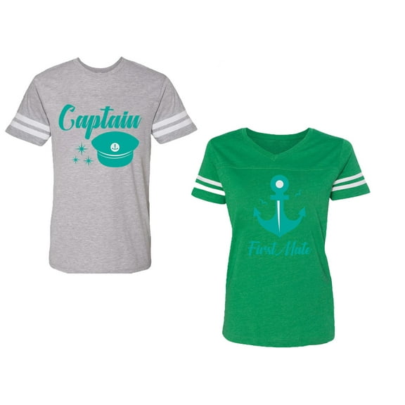 Captain First Mate Unisex Couple Matching Cotton Jersey style T-Shirt Contrasting stripes on sleeves (Men Heather / Women Green) (Men XXL / Women M)