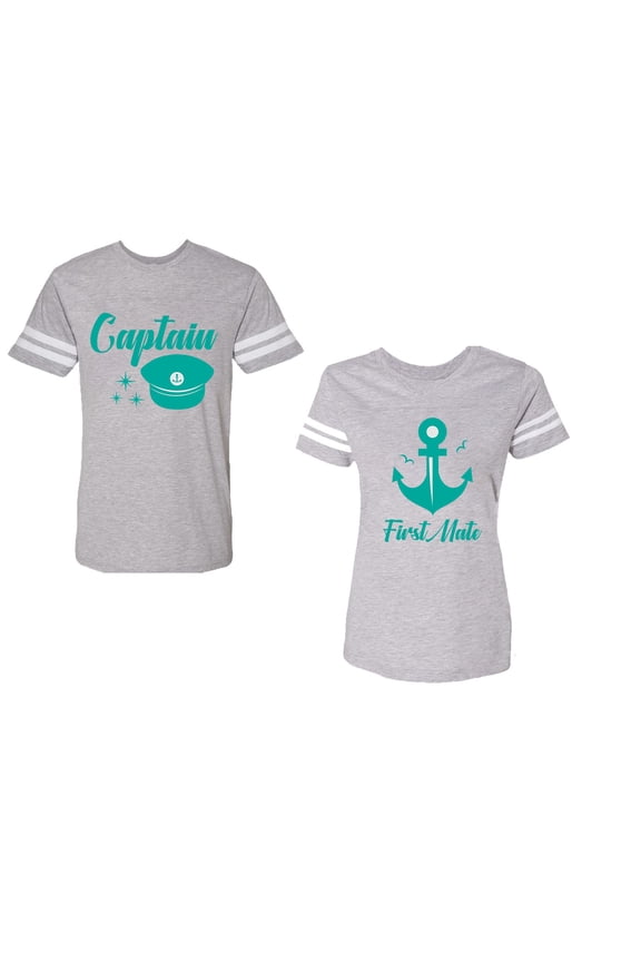 Captain First Mate Unisex Couple Matching Cotton Jersey style T-Shirt Contrasting stripes on sleeves (Men Heather / Women Heather) (Men L / Women L)