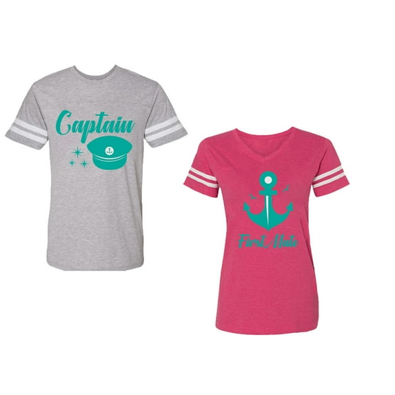 Captain First Mate Unisex Couple Matching Cotton Jersey style T-Shirt Contrasting stripes on sleeves (Men Heather / Women Pink) (Men XL / Women XXL)