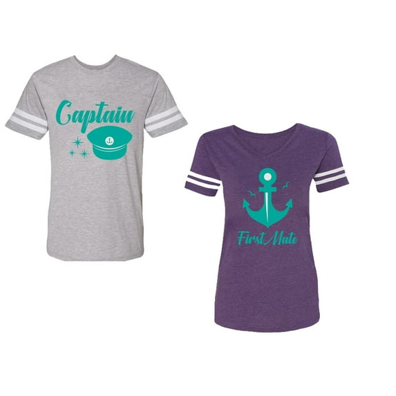 Captain First Mate Unisex Couple Matching Cotton Jersey style T-Shirt Contrasting stripes on sleeves (Men Heather / Women Purple) (Men M / Women XL)