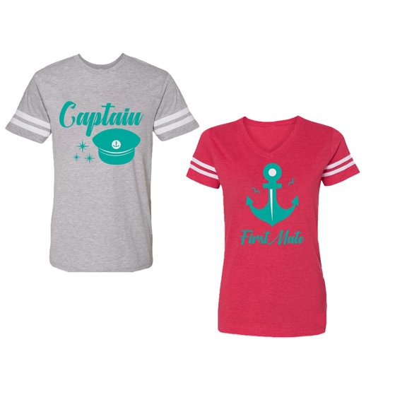 Captain First Mate Unisex Couple Matching Cotton Jersey style T-Shirt Contrasting stripes on sleeves (Men Heather / Women Red) (Men L / Women M)