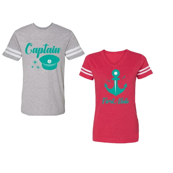 Captain First Mate Unisex Couple Matching Cotton Jersey style T-Shirt Contrasting stripes on sleeves (Men Heather / Women Red) (Men L / Women XXL)