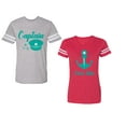 thumbnail image 1 of Captain First Mate Unisex Couple Matching Cotton Jersey style T-Shirt Contrasting stripes on sleeves (Men Heather / Women Red) (Men XL / Women XXL), 1 of 3