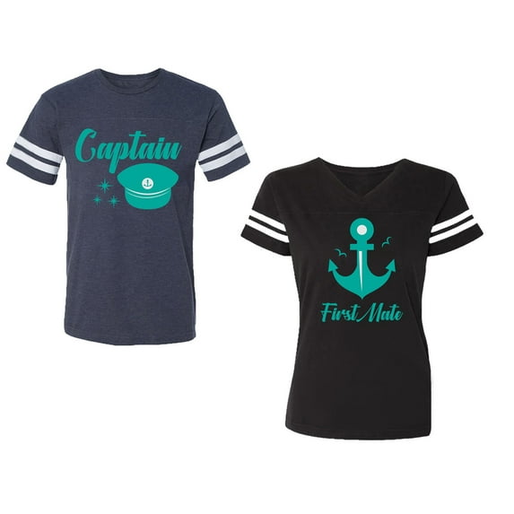 Captain First Mate Unisex Couple Matching Cotton Jersey style T-Shirt Contrasting stripes on sleeves (Men Navy / Women Black) (Men S / Women S)