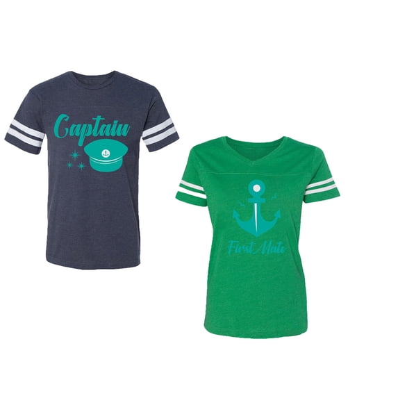 Captain First Mate Unisex Couple Matching Cotton Jersey style T-Shirt Contrasting stripes on sleeves (Men Navy / Women Green) (Men XL / Women XL)
