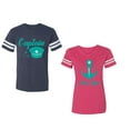 thumbnail image 1 of Captain First Mate Unisex Couple Matching Cotton Jersey style T-Shirt Contrasting stripes on sleeves (Men Navy / Women Pink) (Men L / Women XXL), 1 of 3