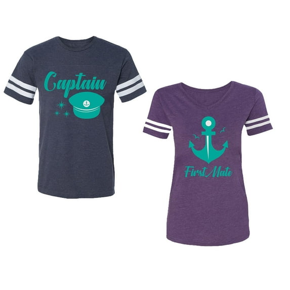 Captain First Mate Unisex Couple Matching Cotton Jersey style T-Shirt Contrasting stripes on sleeves (Men Navy / Women Purple) (Men XXXL / Women XXL)