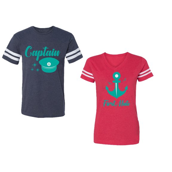 Captain First Mate Unisex Couple Matching Cotton Jersey style T-Shirt Contrasting stripes on sleeves (Men Navy / Women Red) (Men L / Women XL)