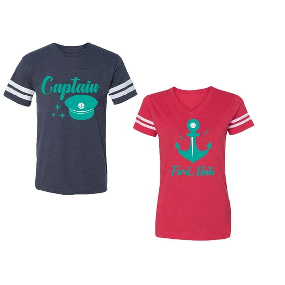 Captain First Mate Unisex Couple Matching Cotton Jersey style T-Shirt Contrasting stripes on sleeves (Men Navy / Women Red) (Men XXL / Women M)