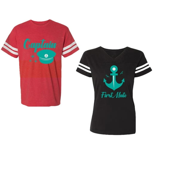 Captain First Mate Unisex Couple Matching Cotton Jersey style T-Shirt Contrasting stripes on sleeves (Men Red / Women Black) (Men S / Women M)