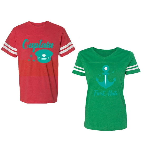 Captain First Mate Unisex Couple Matching Cotton Jersey style T-Shirt Contrasting stripes on sleeves (Men Red / Women Green) (Men M / Women L)