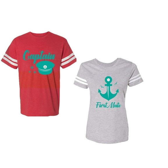 Captain First Mate Unisex Couple Matching Cotton Jersey style T-Shirt Contrasting stripes on sleeves (Men Red / Women Heather) (Men XXL / Women M)