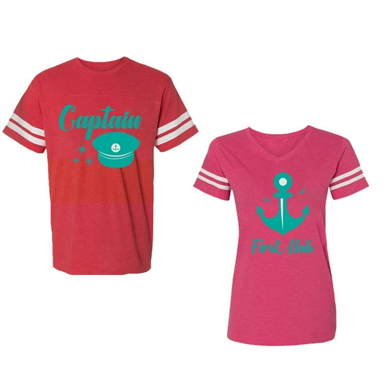 Captain First Mate Unisex Couple Matching Cotton Jersey style T-Shirt Contrasting stripes on sleeves (Men Red / Women Pink) (Men XL / Women XL)