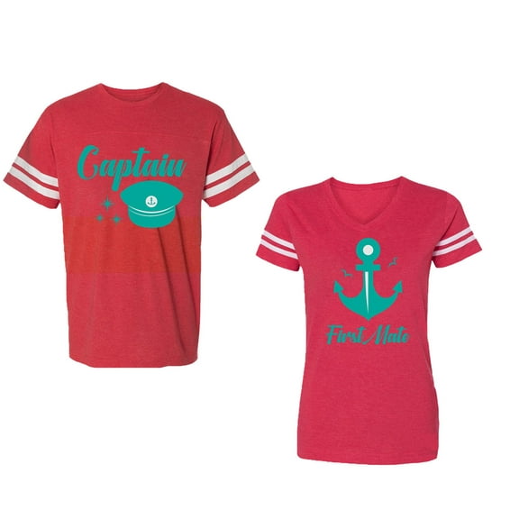 Captain First Mate Unisex Couple Matching Cotton Jersey style T-Shirt Contrasting stripes on sleeves (Men Red / Women Red) (Men M / Women XXL)