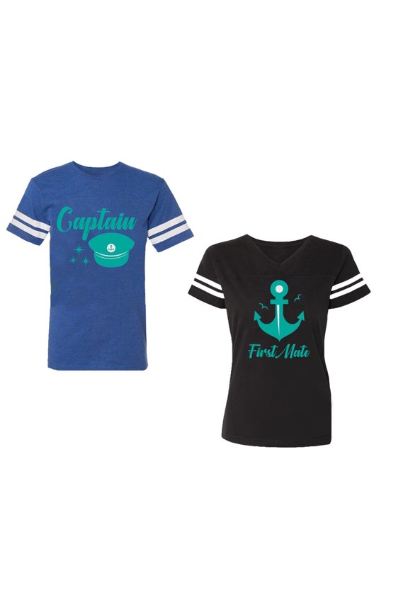 Captain First Mate Unisex Couple Matching Cotton Jersey style T-Shirt Contrasting stripes on sleeves (Men Royal / Women Black) (Men L / Women L)