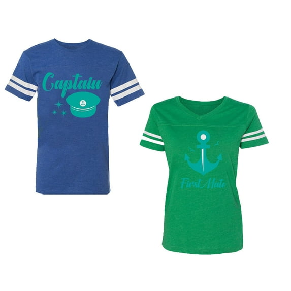 Captain First Mate Unisex Couple Matching Cotton Jersey style T-Shirt Contrasting stripes on sleeves (Men Royal / Women Green) (Men M / Women S)