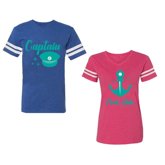 Captain First Mate Unisex Couple Matching Cotton Jersey style T-Shirt Contrasting stripes on sleeves (Men Royal / Women Pink) (Men M / Women M)
