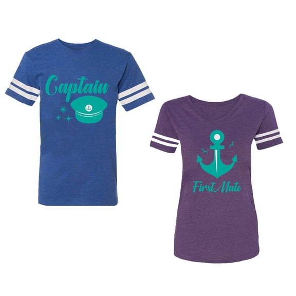 Captain First Mate Unisex Couple Matching Cotton Jersey style T-Shirt Contrasting stripes on sleeves (Men Royal / Women Purple) (Men XXL / Women L)
