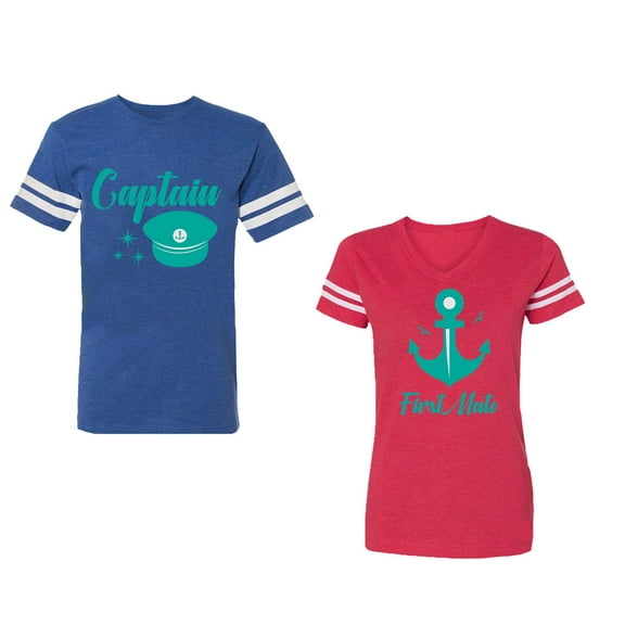Captain First Mate Unisex Couple Matching Cotton Jersey style T-Shirt Contrasting stripes on sleeves (Men Royal / Women Red) (Men XXL / Women S)